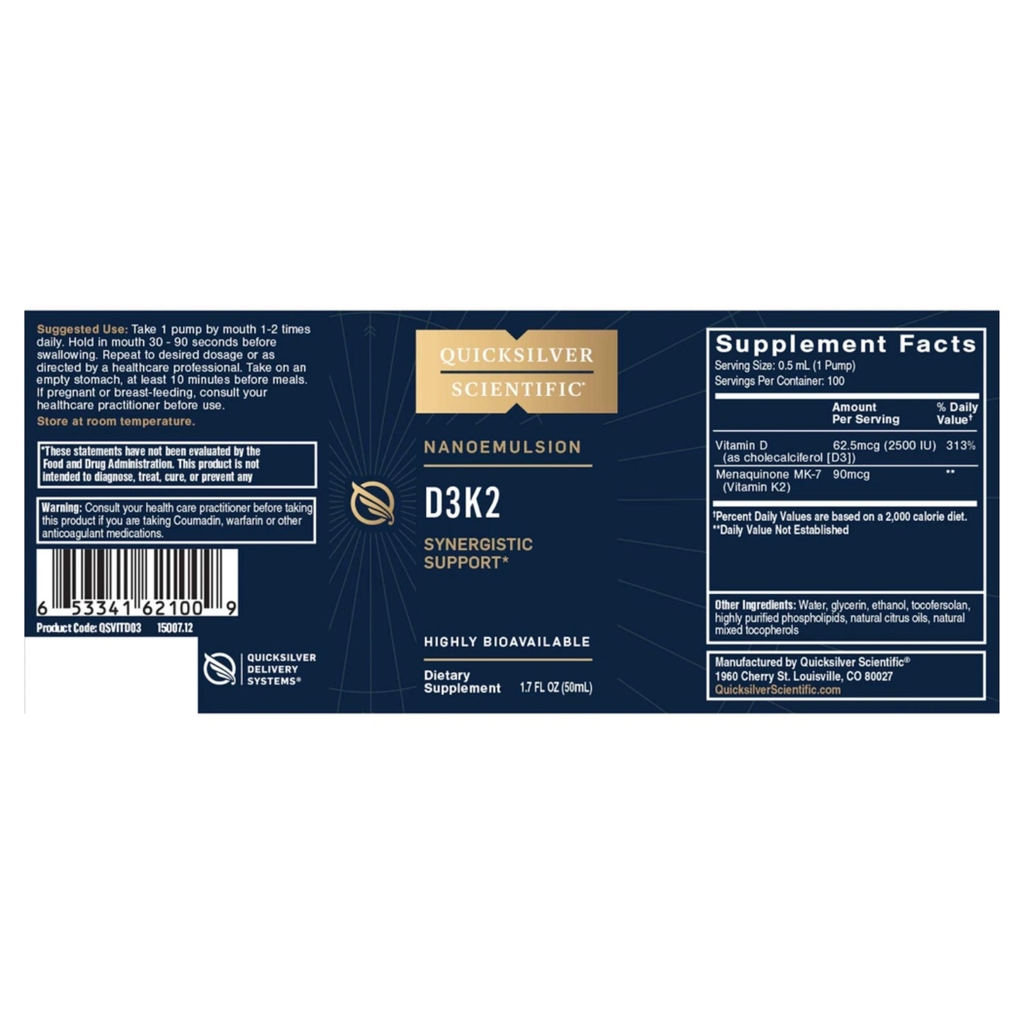 Nanoemulsified Vitamin D3/K2 || 1.7 fl oz || Quicksilver Scientific ||